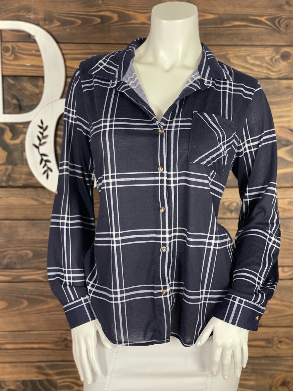 Eden & Olivia | Classic Navy Plaid Button-Down Shirt with Chest Pocket Roll Tab